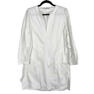 Jeune Otte Medium White Long Sleeve Shirt Dress Cotton Split V Neck Made in USA